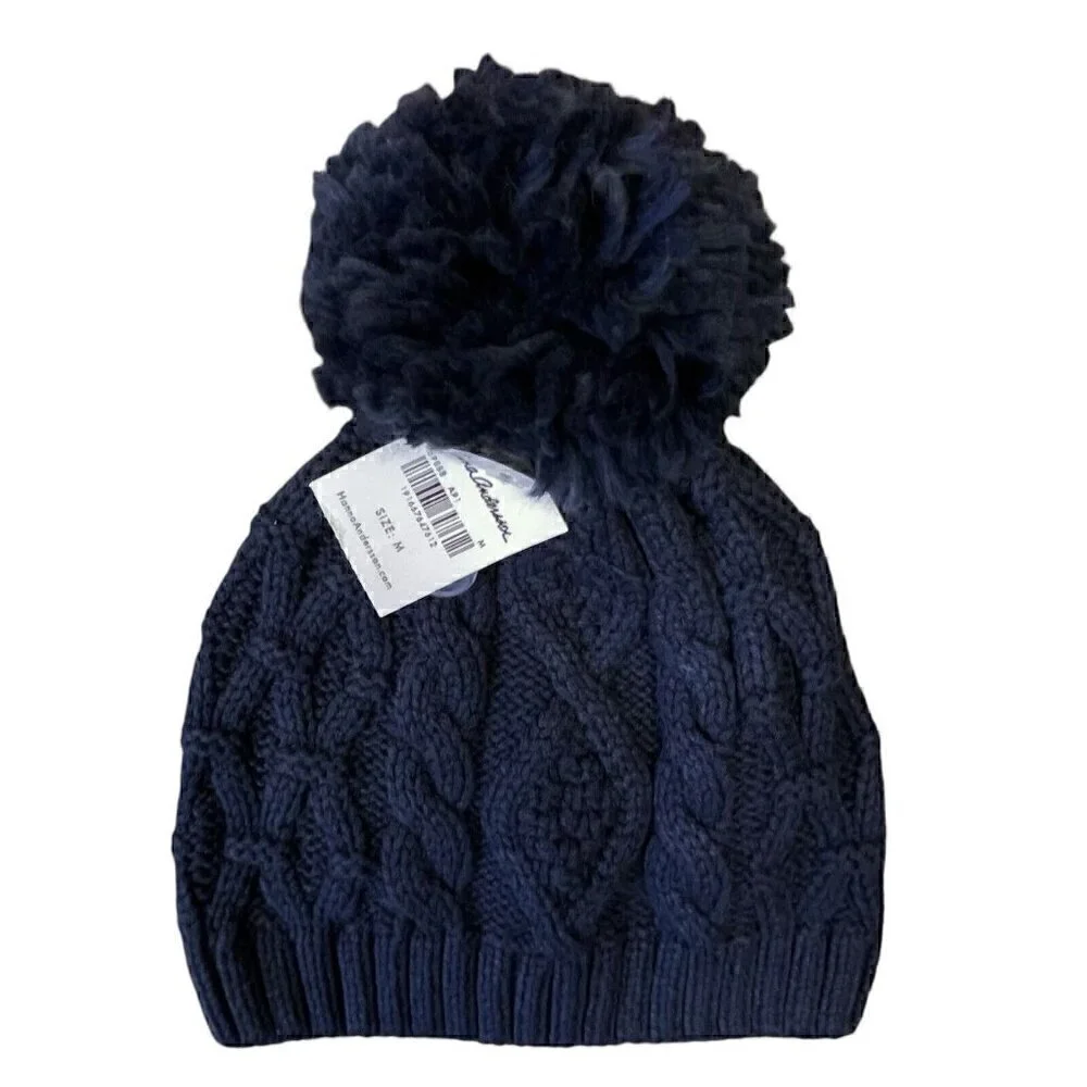 Hanna Andersson Cable Knit Navy Winter Hat With Pom Pom Kids 3-6 Yrs NWT Beanie